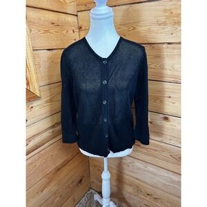 Onyx Womens Black Open Knit Mesh Button Front Cardigan Sweater Size Large